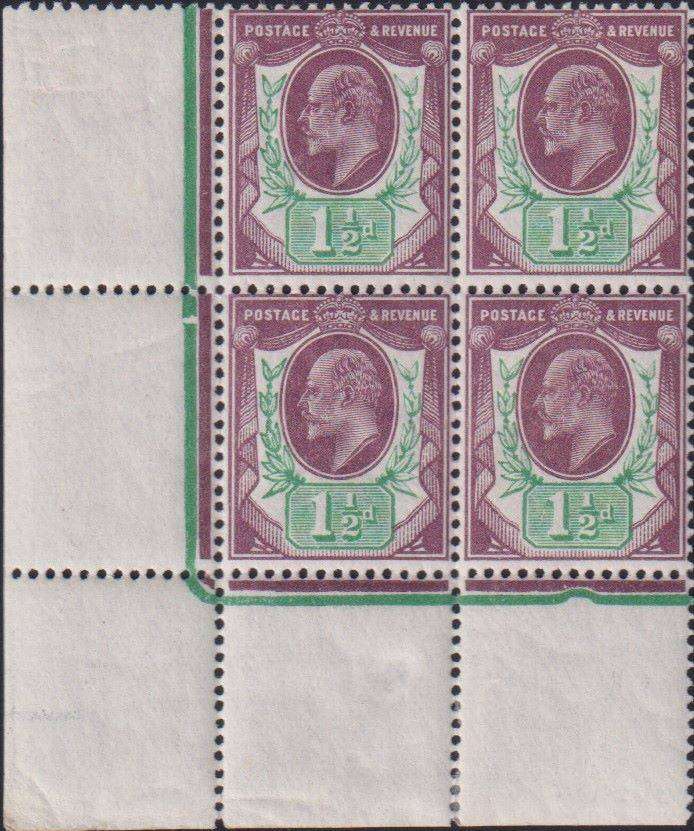 GB 1902 1 1/2d CORNER  BLOCK OF 4 M/UM - SG 223 CV £270+
