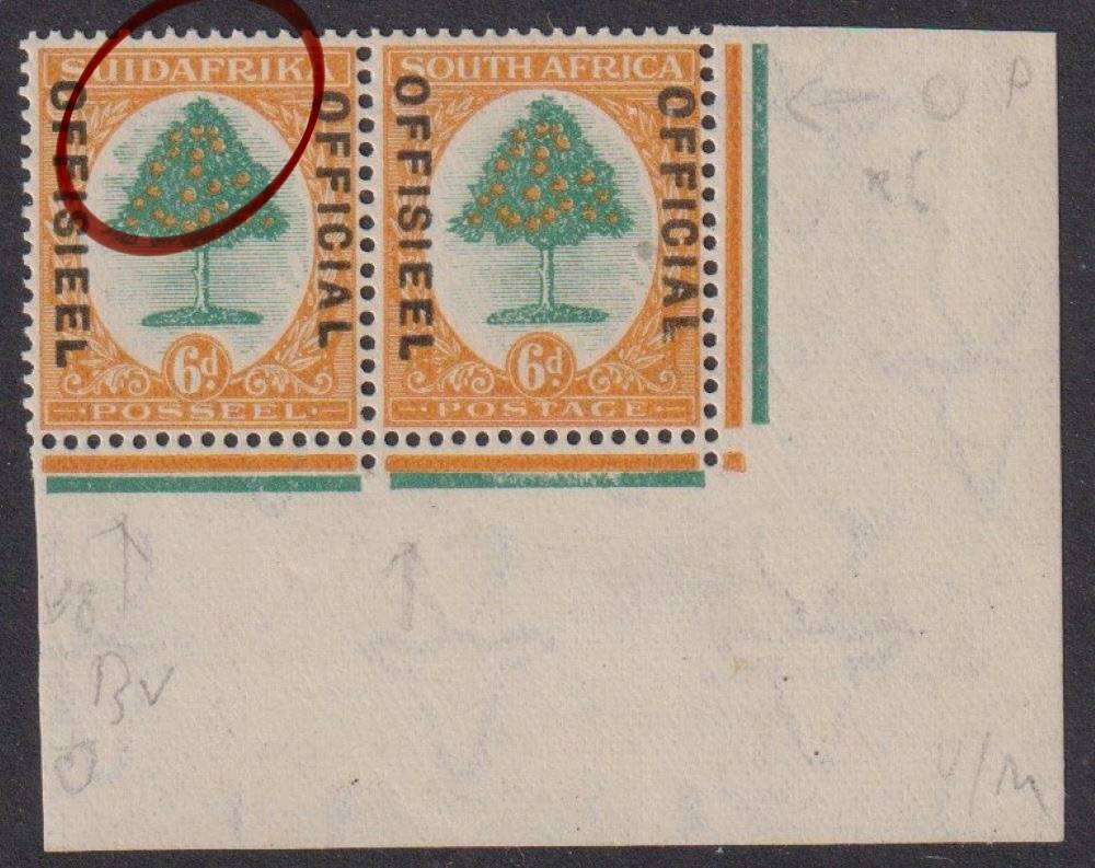 SA 1929 6d OFFICIAL CORNER PAIR UM WITH EXTRA SHADING - SUPERB!