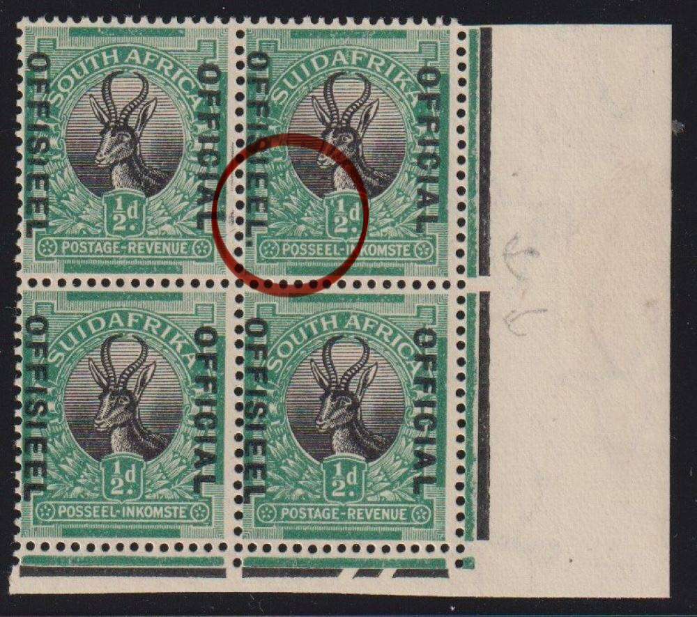 SA 1929 1/2d "STOP AFTER OFFISIEEL"  SUPERB MINT CORNER   - SACC O8b - CV R1100+