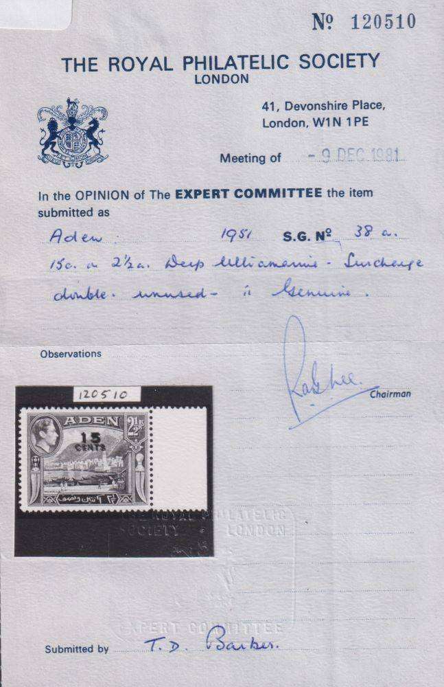 ADEN 1951 15c ON 2/12a -SURCHARGE DOUBLE SG 38a WITH CERT CV £1600