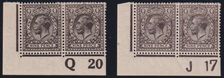 GREAT BRITAIN 1913 9d AGATE & DEEP AGATE PLATE NUMBER MINT PAIRS SG 392/3  CV £80