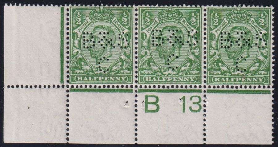 GREAT BRITAIN KEV11 1/2d CONTROL STRIP UM WITH "B & SC PERFORATED THROUGH