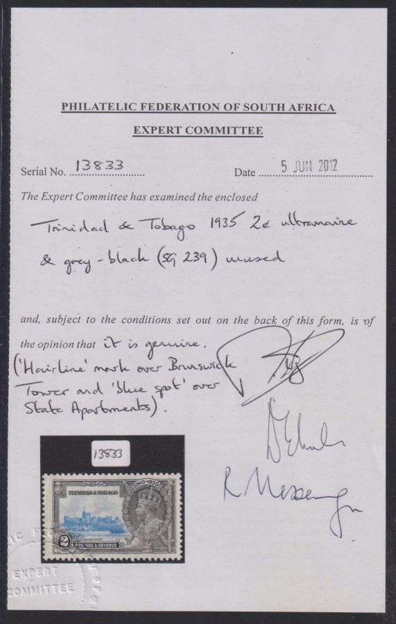 TRINIDAD & TOBAGO 1935 SILVER JUBILEE 2d VARIETY WITH CERT
