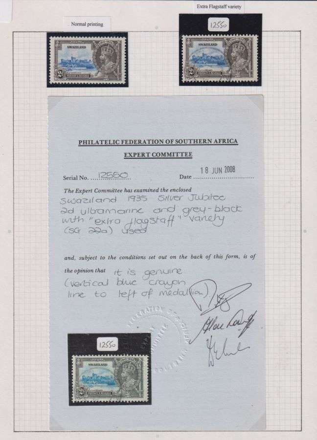 SWAZILAND 1935 SILVER JUBILEE 2d "EXTRA FLAGSTAFF" WITH CERT CV £250