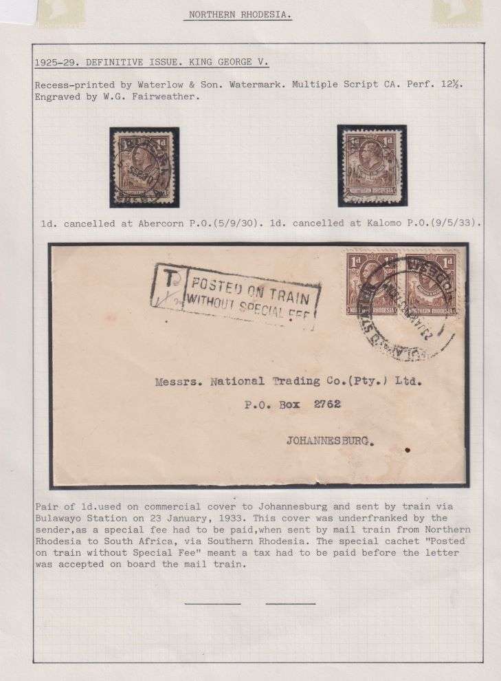 NORTHERN RHODESIA 1933 "POSTED ON TRAIN WITHOUT SPECIAL FEE" COVER
