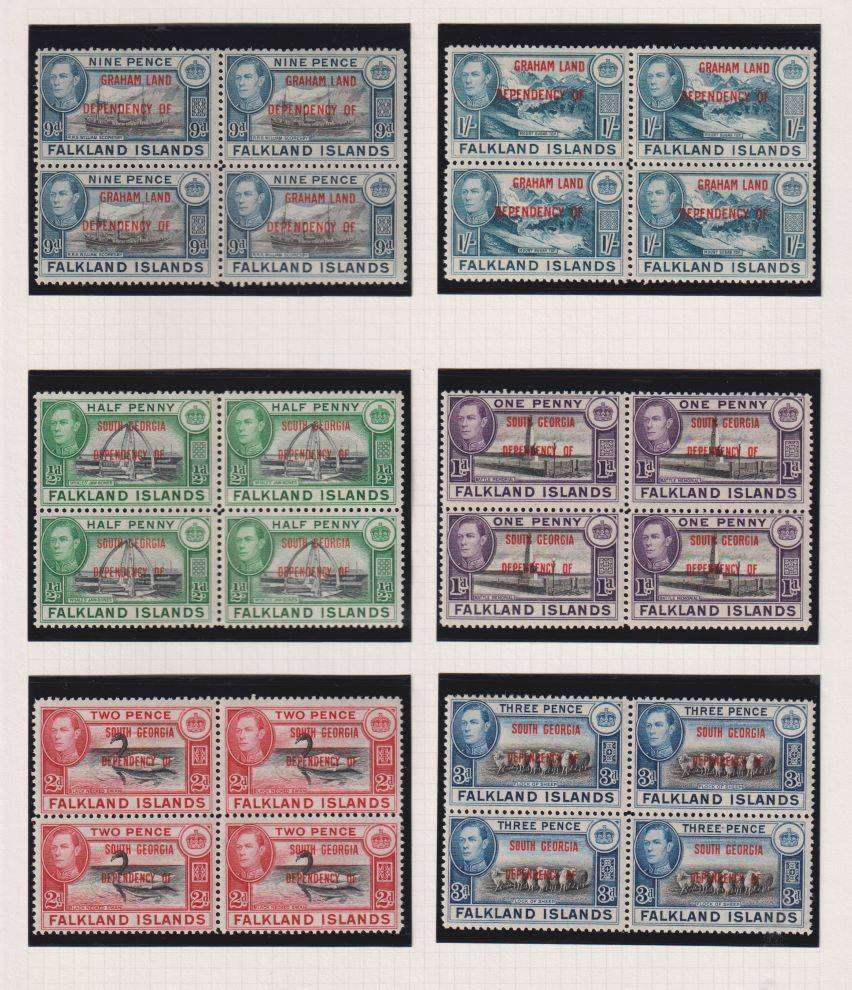 FALKLAND ISLANDS THE 4 DEPENDENCIES KGV1  1944 SETS IN SUPERB UNMOUNTED MINT BLOCKS