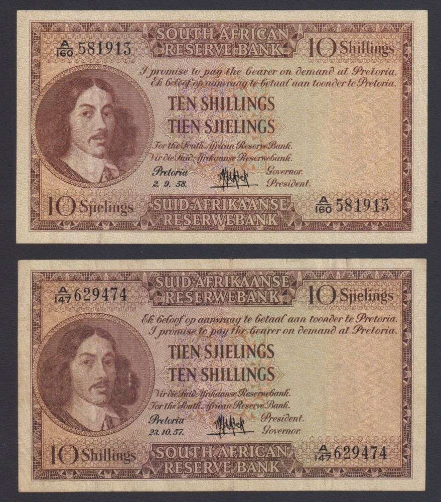 SA  TEN SHILLINGS - TWO NOTES 1957 & 1958