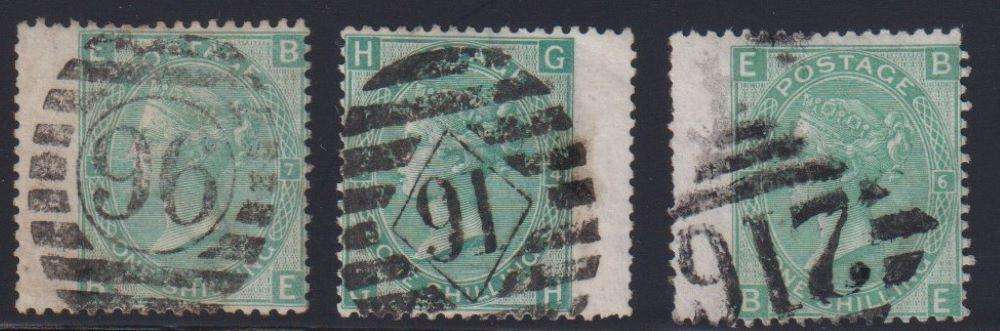 GB 1867 1/- SOUND USED PLATES  SG 117 4/6/7 CV £200