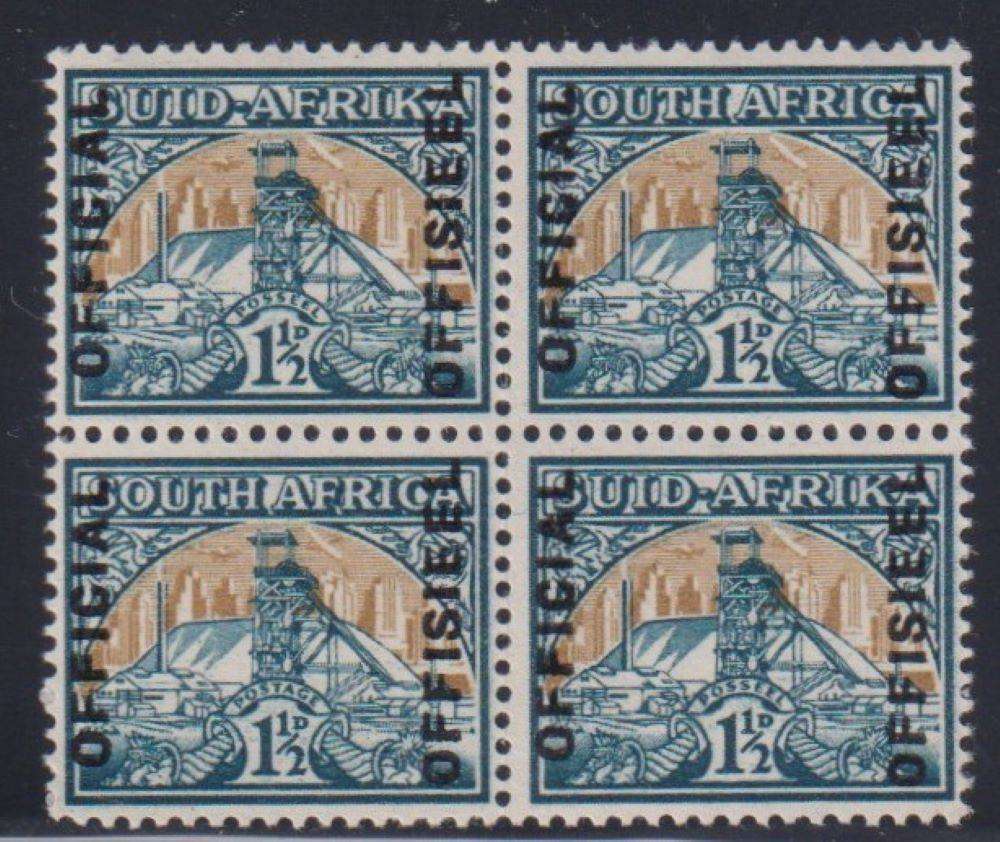SA 1949 SCARCE 1 1/2d OFFICIAL  BLOCK SUPERB UM - SACC O39 CV R3200+