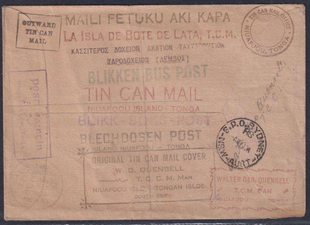 TONGA 1939 TIN CAN MAIL COVER  - A BEAUTY!