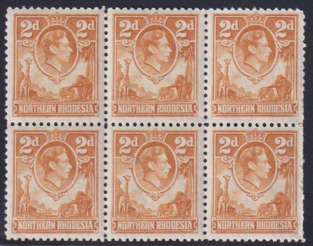 NORTHERN RHODESIA KGV1 1938 2d YELLOW-BROWN BLOCK OF 6 UM CV £300+