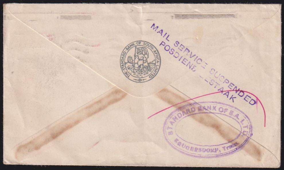 HONG KONG SUSPENDED MAIL TO SOUTH AFRICA 1941