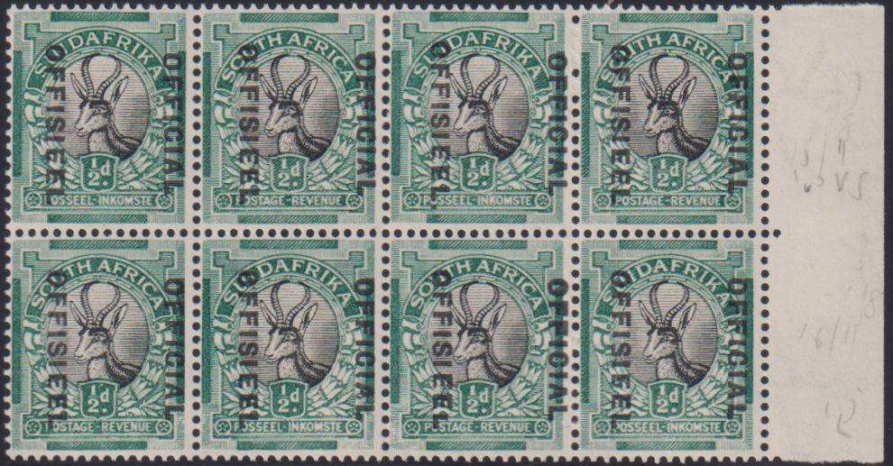SA 1930 1/2d OFFICIAL BLOCK WITH OVERPRINT SHIFT TO RIGHT UM
