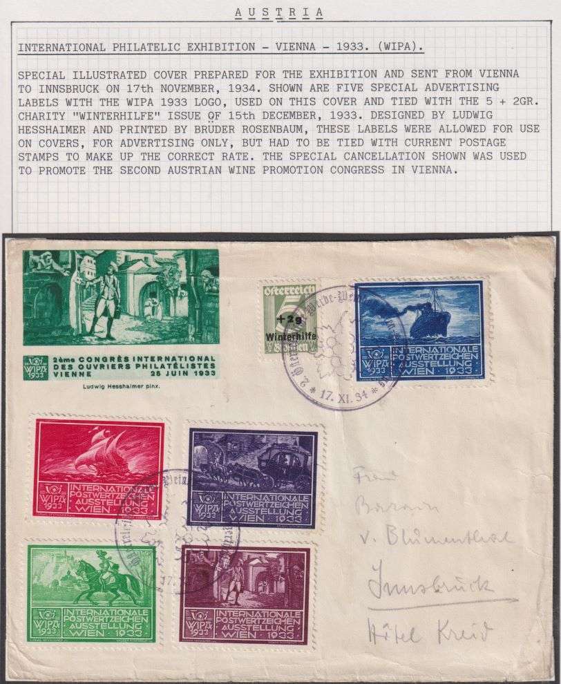 AUSTRIA 1934 WIPA COVER WITH 1933 LABELS - SCARCE!