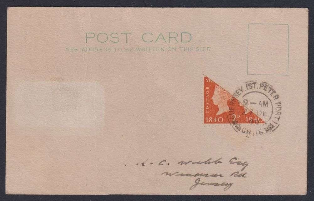 GUERNSEY 2d BISECT ON POSTCARD 1940