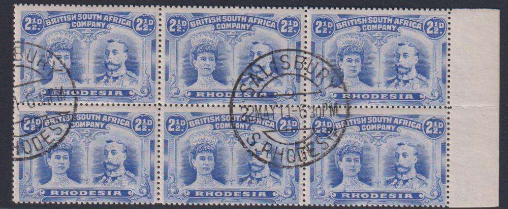 RHODESIA-BSAC 1911 2 1/2d DOUBLE HEAD SUPERB CANCELLED BLOCK OF 6 - SG 133 CV £150