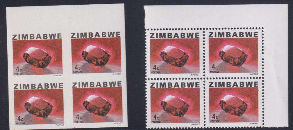 ZIMBABWE 1980 4c GARNET IMPERF BLOCK OF 4 SUPERB UM