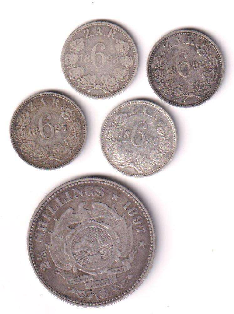 ZAR Coin Collection - 5 coins -  4 x 6d and 2/6 shillings