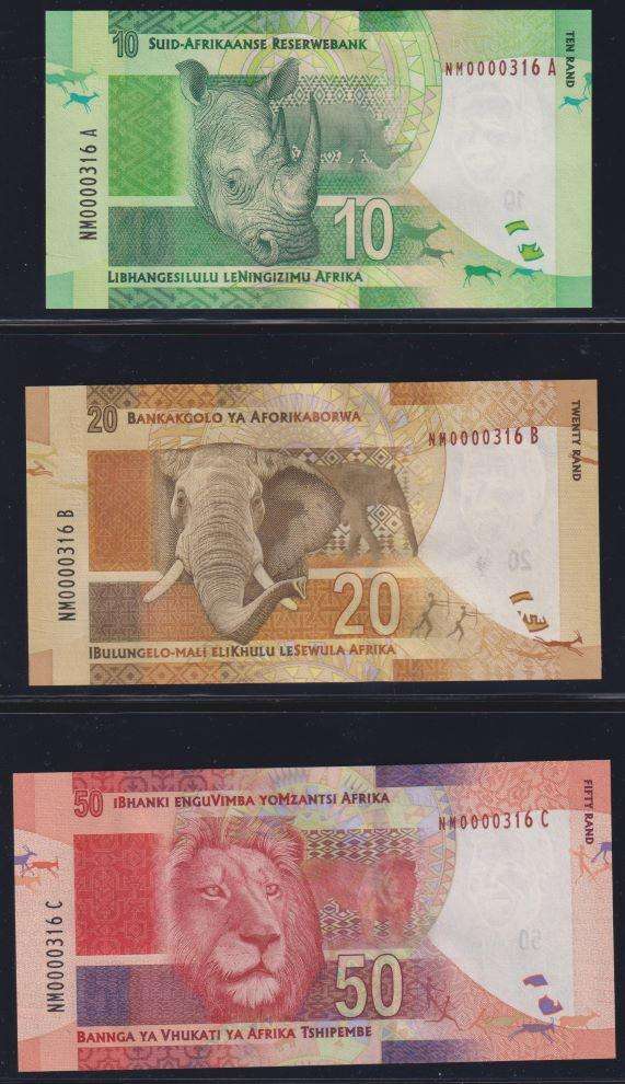 RSA "GILL MARCUS" SET OF UNC NOTES LOW SAME SERIAL NUMBER WITH "NM (Nelson Mandela) SERIAL #'S