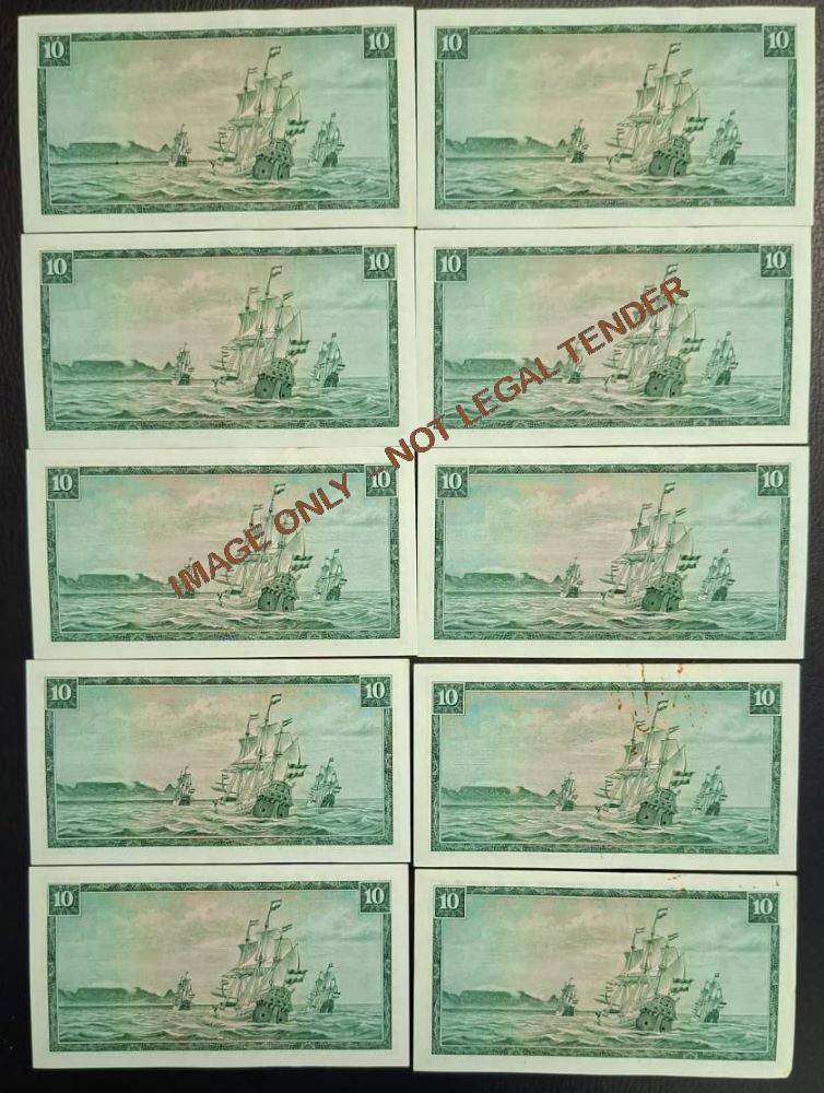 RSA TEN RAND   BANKNOTES - TW DE JONGH - 10 NOTES - IN SERIES