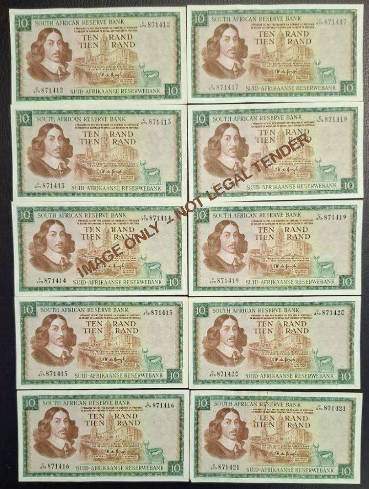 RSA TEN RAND   BANKNOTES - TW DE JONGH - 10 NOTES - IN SERIES