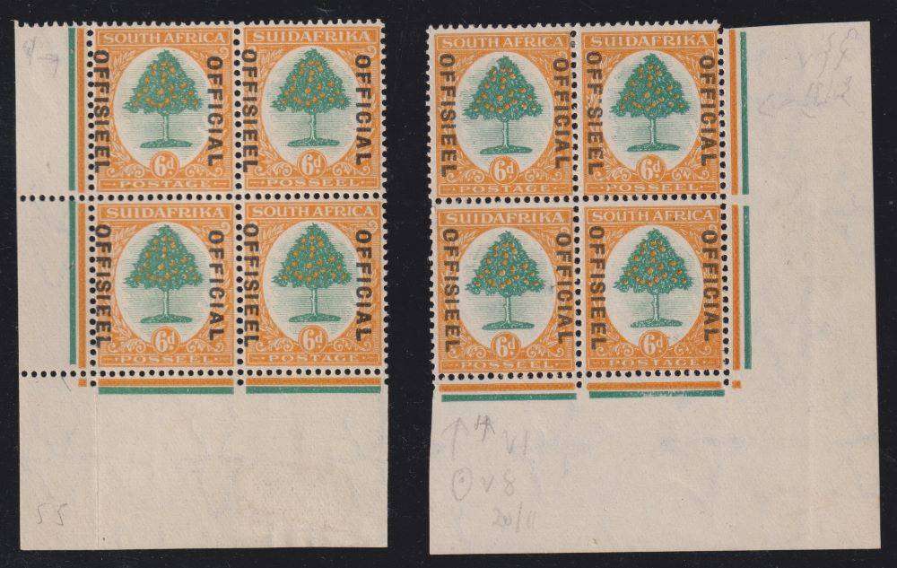 SA 1929 6d  OFFICIALS SUPERB HINGED MINT CORNER BLOCKS