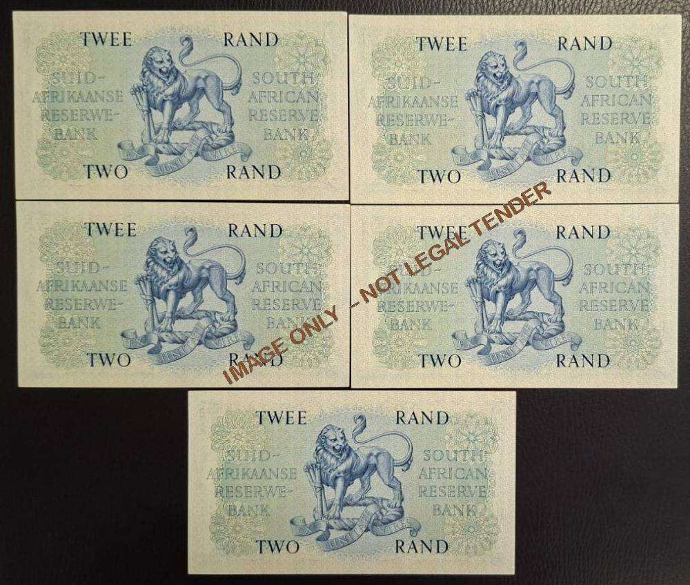 G. RISSIK  UNC TWO RAND BANKNOTES - 5 NOTES IN SERIES