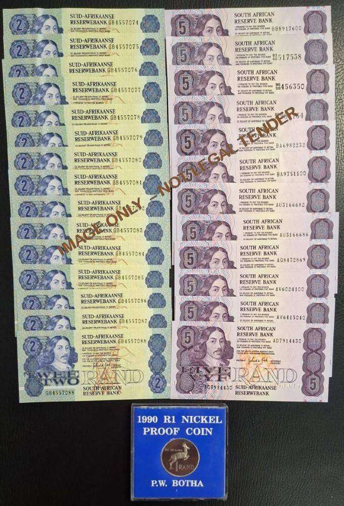COLLECTION OF GPC DE KOCK UNC TWO RAND  & FIVE RAND BANK NOTES &  1990 R1 NICKEL PROOF COIN