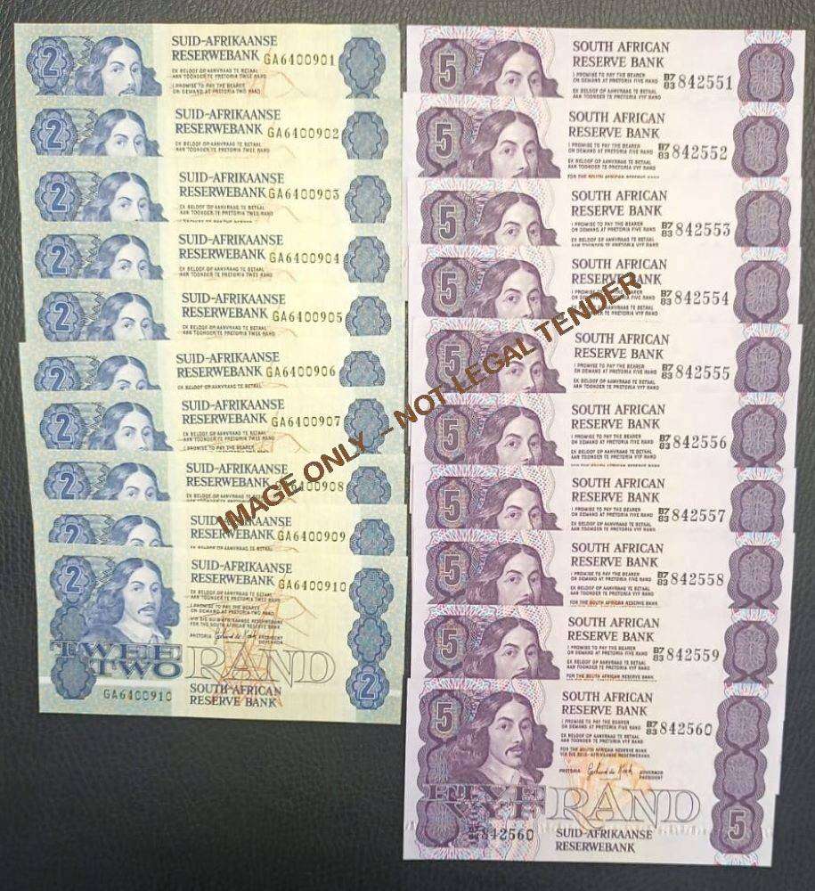 GPC DE KOCK UNC BANKNOTES -   TWO RAND   x 10 and  FIVE RAND  x 10 -  IN SERIES