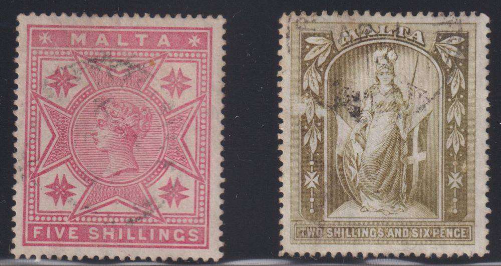 MALTA 1886 & 1899 5/- & 2/6  SOUND USED