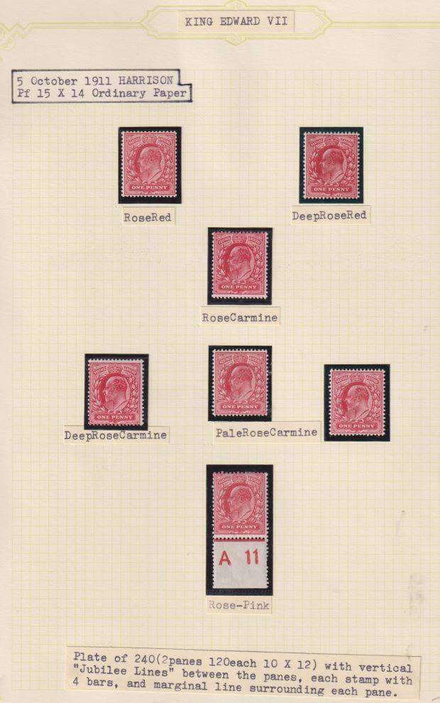 GREAT BRITAIN 1911 KEV11 1d SUPERB LOT ON PAGE - SCARCE SHADES