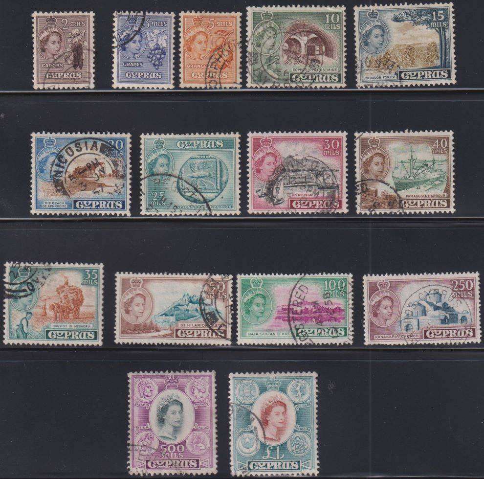 CYPRUS QE11 1955  DEFINITIVE  SET FINE USED CV £75