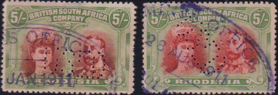 RHODESIA DOUBLE HEADS 5/- TWO SHADES  FISCALLY USED