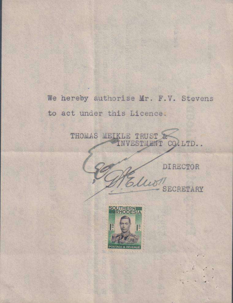 SOUTHERN RHODESIA 1944 PROSPECTING LICENCE WITH KGV1 1/-