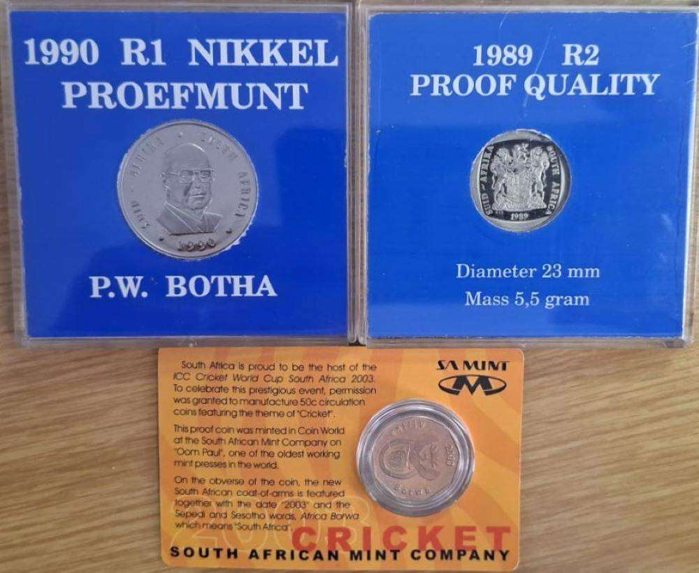 2003 Cricket 50c, 1989 R2 Proof Quality Coin & 1990 R1 PW Botha Coin