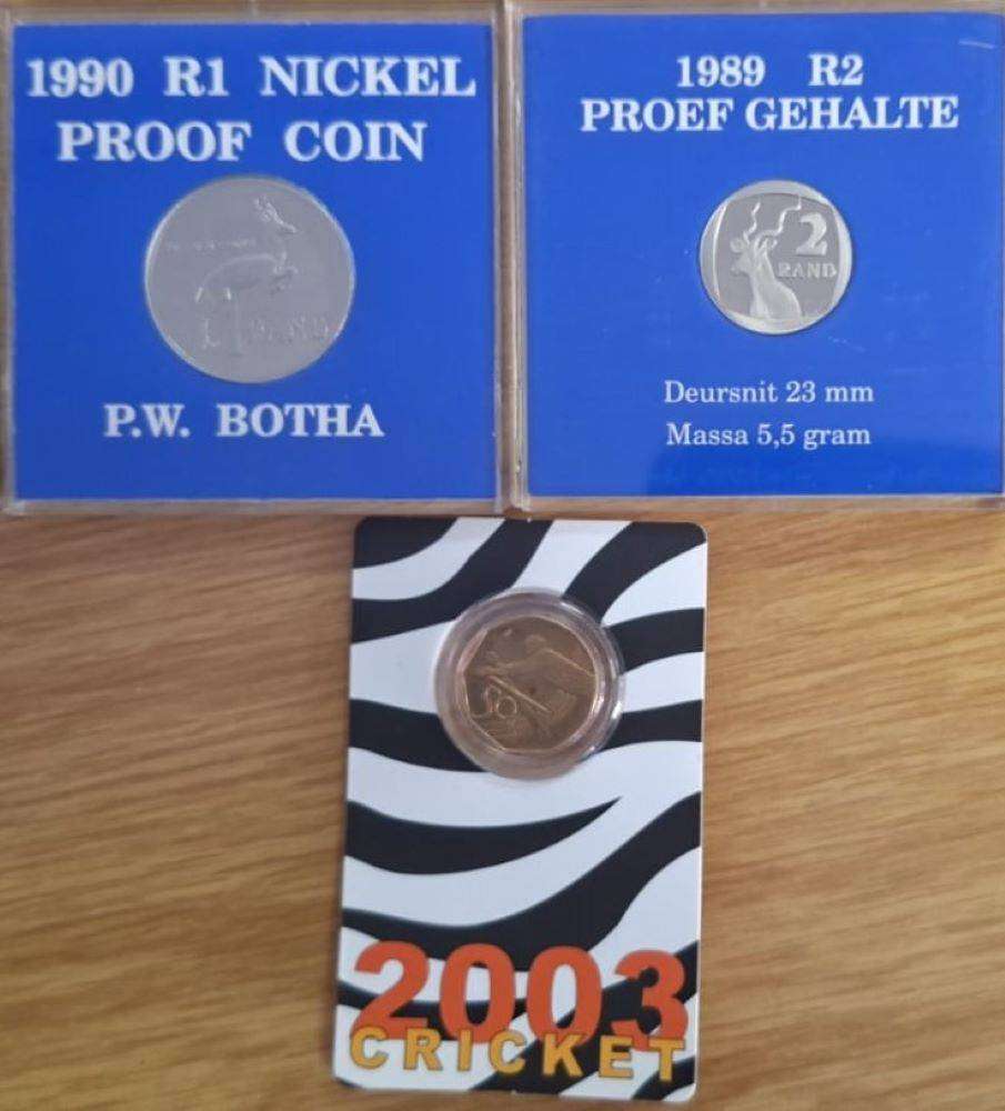 2003 Cricket 50c, 1989 R2 Proof Quality Coin & 1990 R1 PW Botha Coin