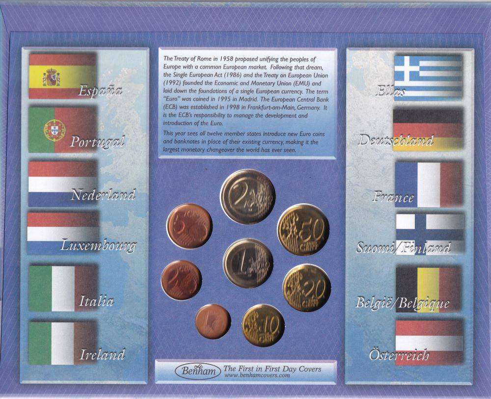 EURO 2002 Full Set Coins & Stamps Belgium First Day Cover By Benham