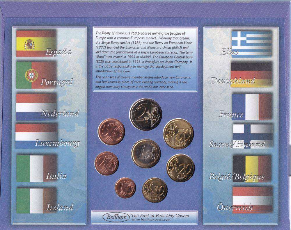 EURO 2002 Full Set Coins & Stamps Eire First Day Cover By Benham