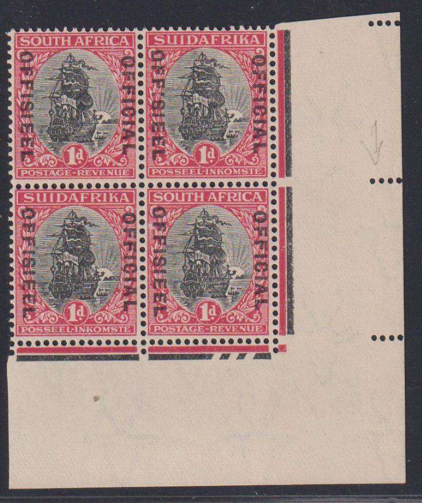 SA 1929 1d OFFICIAL- MISPERFORATED CORNER  BLOCK SACC O9 SUPERB MINT/UM