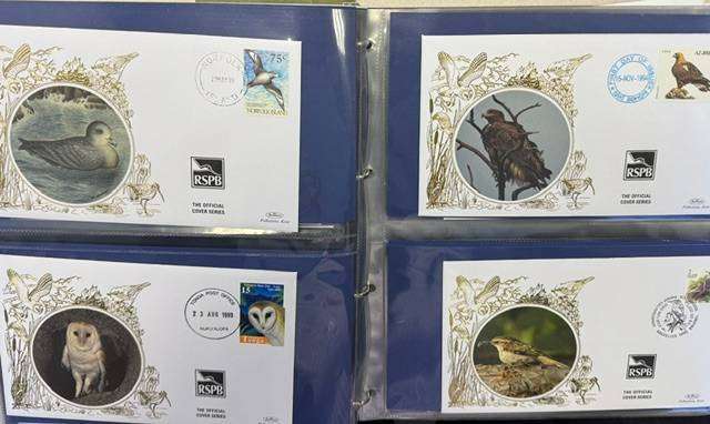 FANTASTIC COLLECTION OF 38 BIRDS FDC'S WITH "SILK" CACHETS IN ALBUM
