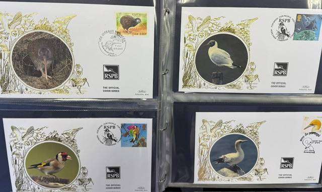 FANTASTIC COLLECTION OF 38 BIRDS FDC'S WITH "SILK" CACHETS IN ALBUM