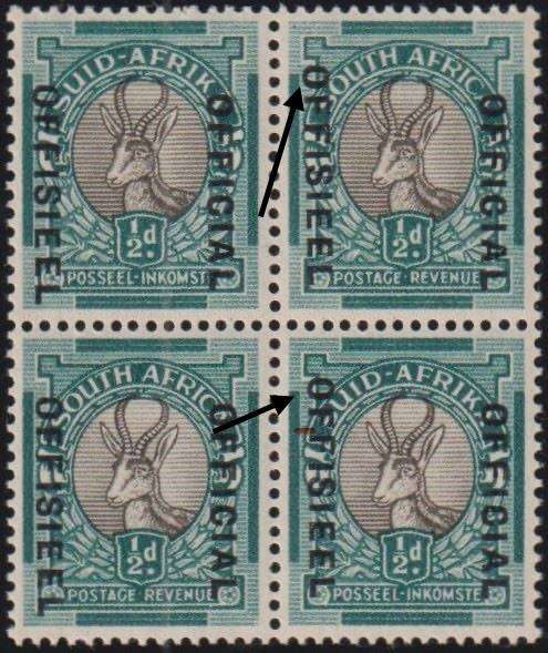 SOUTH AFRICA 1935 1/2d "RAISED OFFISIEEL" UNLISTED IN SACC BLOCK UM