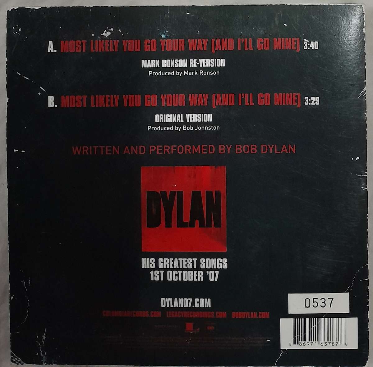 Bob Dylan - "Most Likely You Go Your Way" Mark Ronson Re-Version 7" single (UK Ltd numbered edition)