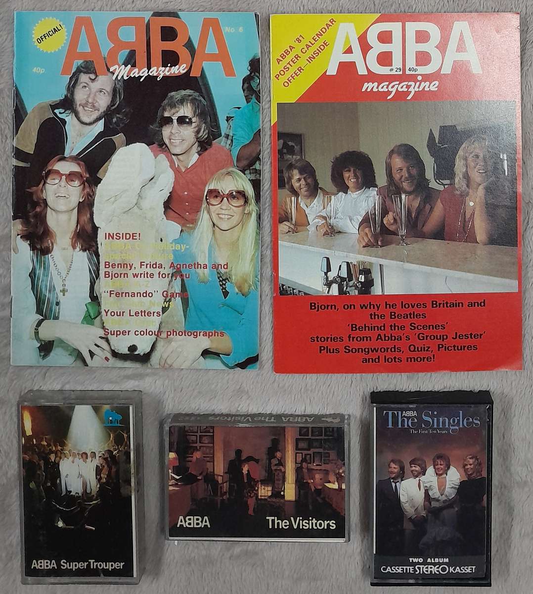 ABBA - Bundle of 3 cassettes and 2 Official Magazines (Super Trouper, The Visitors, The Singles)