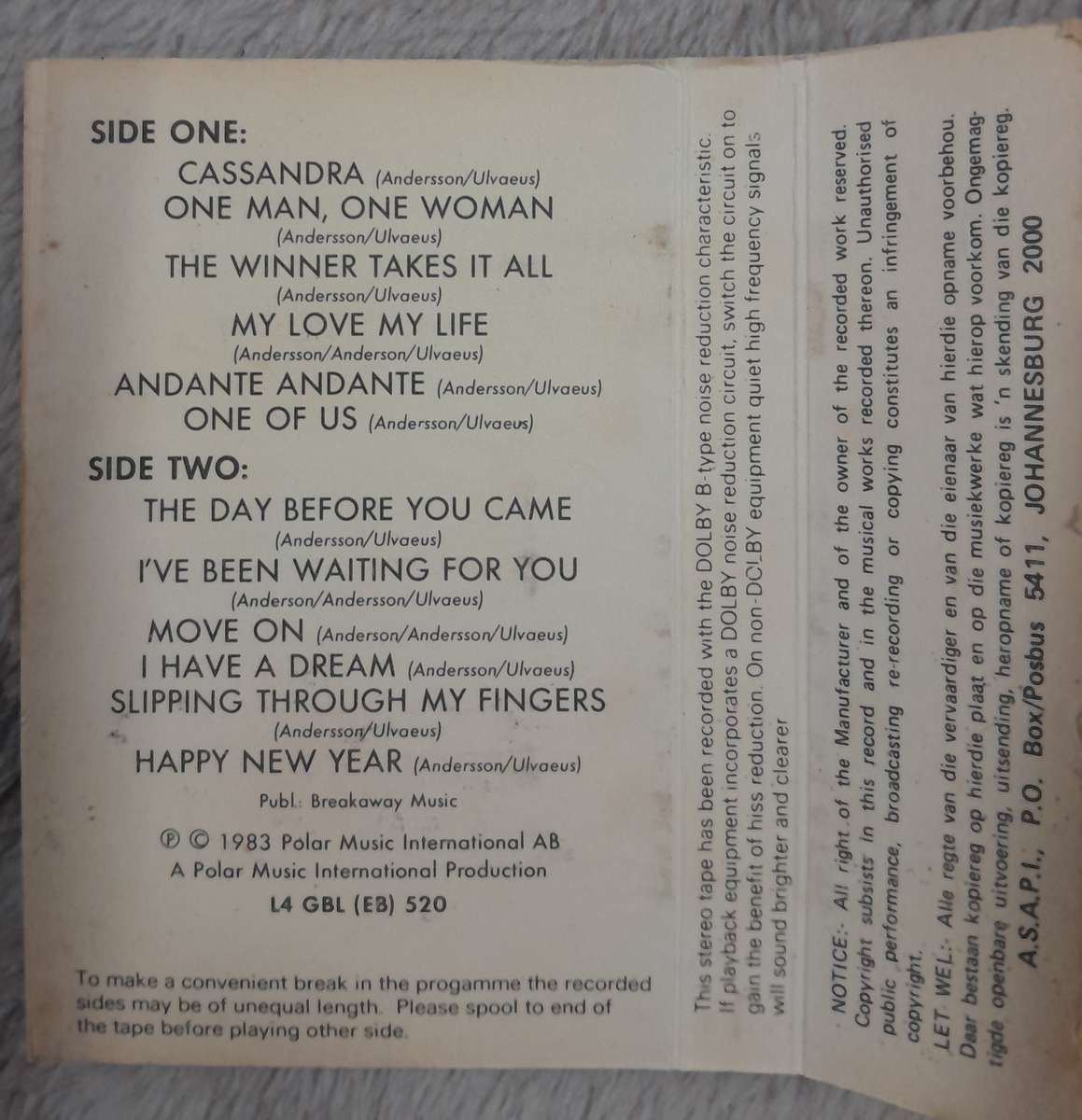 ABBA - The Love Songs Cassette (1983 South African compilation)