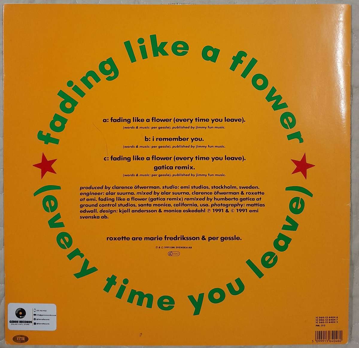 Roxette - Fading Like A Flower 12" maxi single (Swedish pressing)