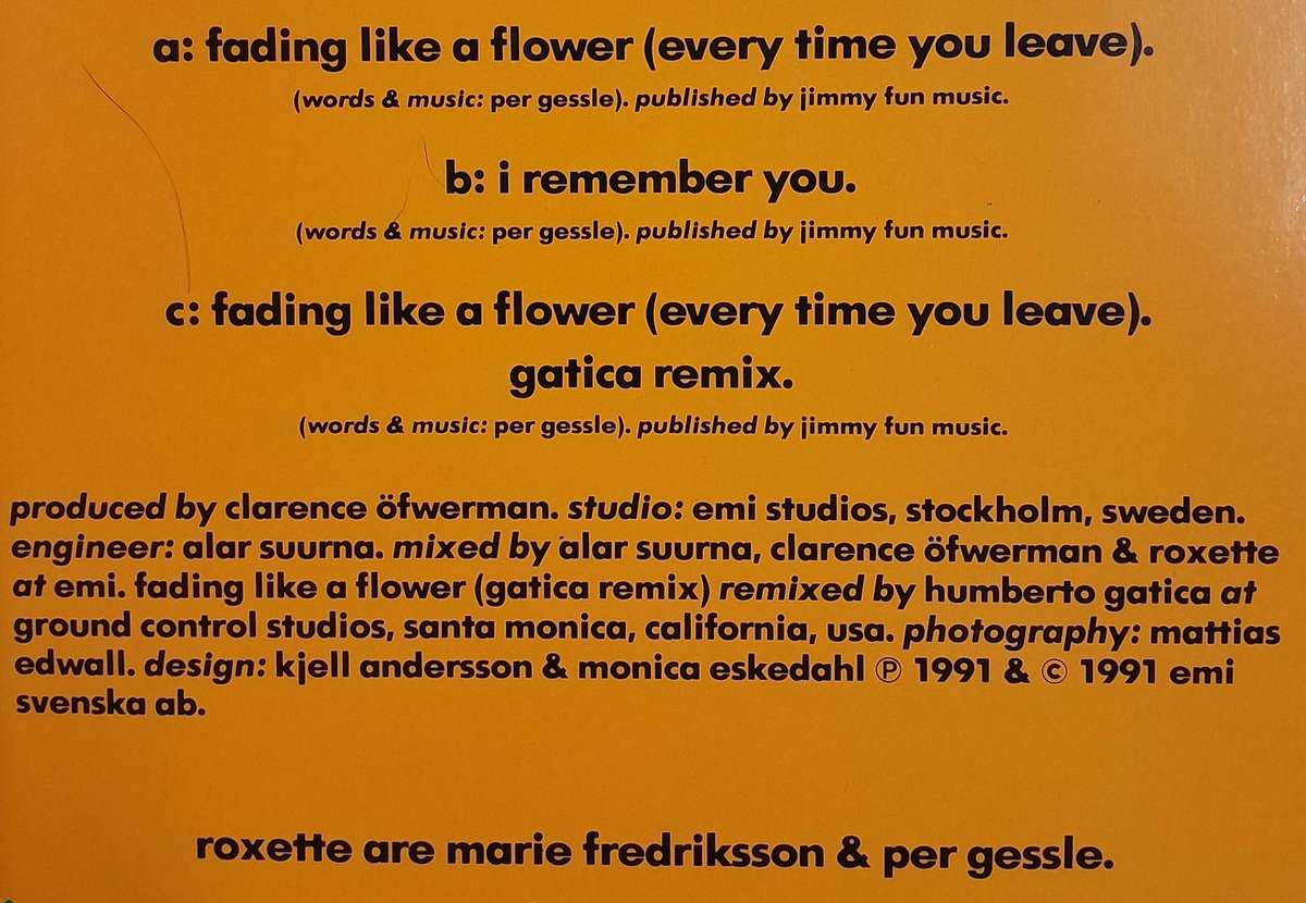 Roxette - Fading Like A Flower 12" maxi single (Swedish pressing)