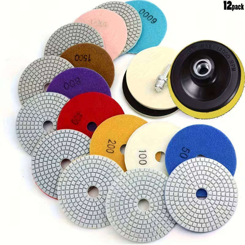 12pcs Diamond Polishing Pads,  Wet/Dry Granite Stone 50-6000 Grit