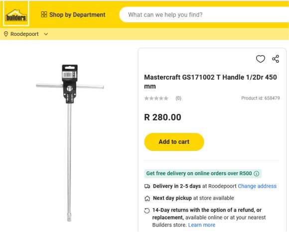 Mastercraft T Handle 1/2 inch drive,  450 mm