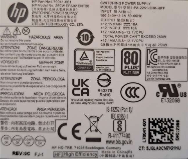 New HP Power Supply Unit 260w, 80 Plus Platinum 12V